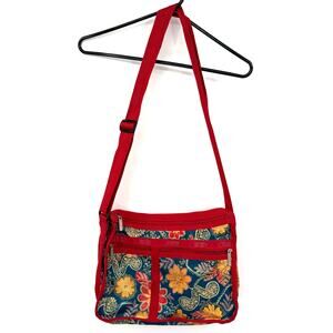 LeSportsac Zippered Crossbody Satchel Bag Purse Red Blue Floral Pockets